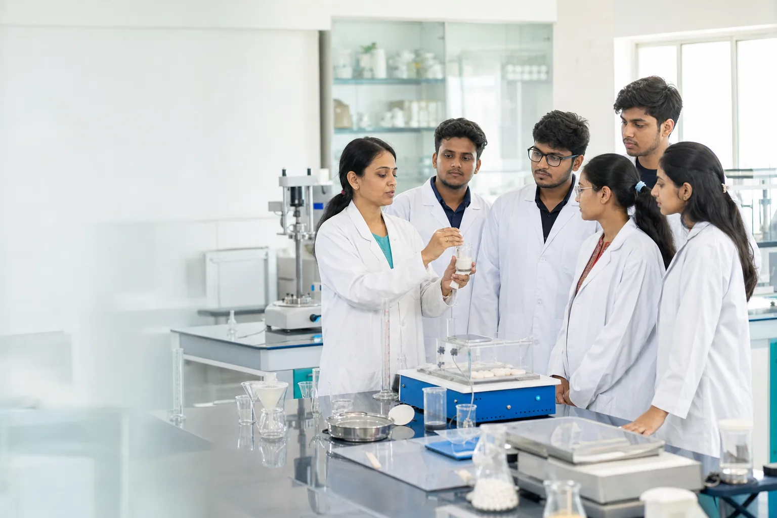 Indian B.Pharm students receiving practical instruction in a pharmaceutical laboratory